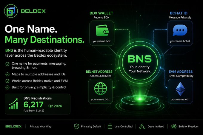A promotional graphic for Beldex features the headline 'One Name. Many Destinations.' and explains that BNS is a human-readable identity layer connecting BDX Wallet, BCHAT ID, .bdx Sites, and an EVM Address, with 6,217 BNS Registrations in Q2 2026.