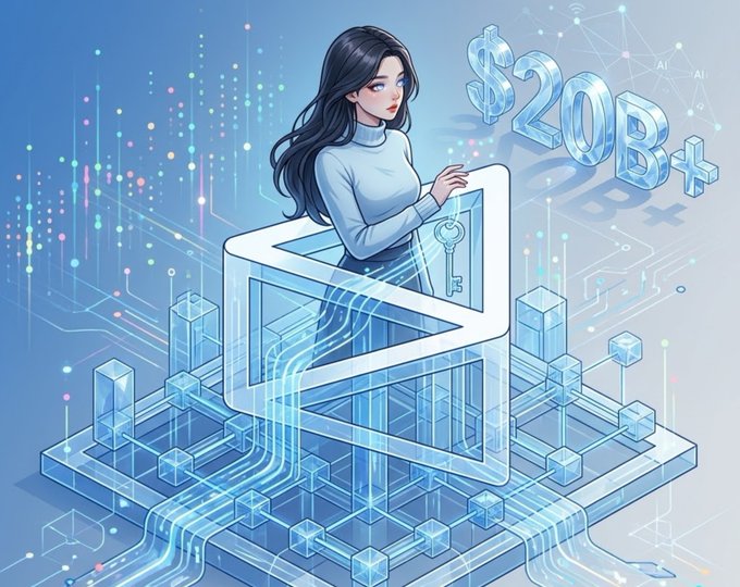 A digital illustration of a woman with long dark hair standing behind a glass laptop with a keyhole symbol, surrounded by glowing circuit-like elements and the text '$20B+'.