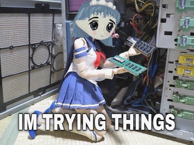 A humorous photo of an anime figure (maid character) posed holding server RAM sticks in a real server rack, with the caption 'IM TRYING THINGS'.