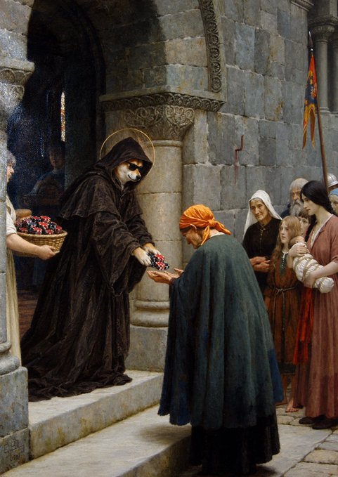 A classical painting depicts a cloaked, haloed skeletal person (resembling Death) handing flowers to a kneeling woman in a green cloak, while other figures watch.