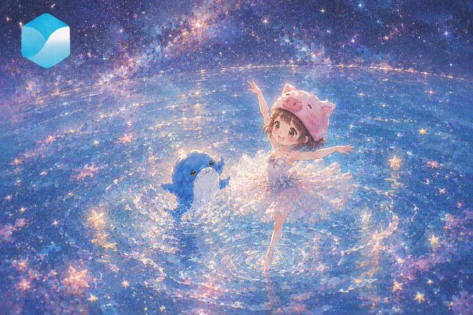 The image features a girl wearing a pink hat, dancing with a blue whale in water. The scene takes place under stars, creating an enchanting atmosphere. The girl appears to be performing a dance routine while interacting with her aquatic companion. The background is filled with stars and other elements that contribute to the overall visual appeal of the artwork.