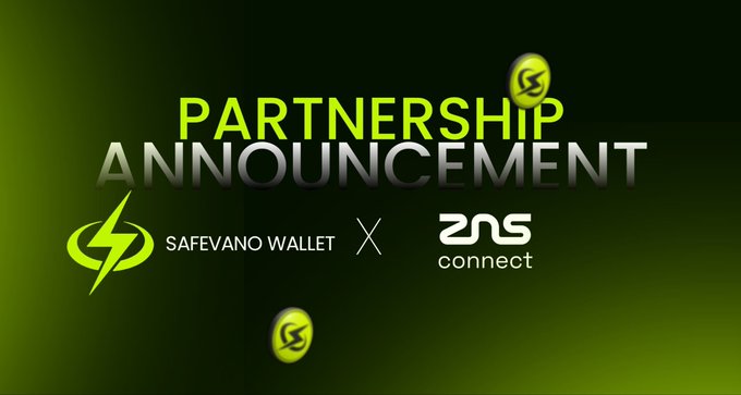The image is a partnership announcement graphic featuring "SafeVano Wallet" and "ZNS Connect" logos alongside the bold text "PARTNERSHIP ANNOUNCEMENT," visually reinforcing the announcement of their collaboration to explore Web3 identity, wallet integration, and Robinhood Chain expansion as described in the post.