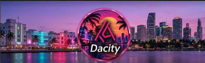 A stylized banner labeled 'Dacity' features a Miami-style waterfront with palm trees, neon-lit buildings, and a city skyline at sunset.