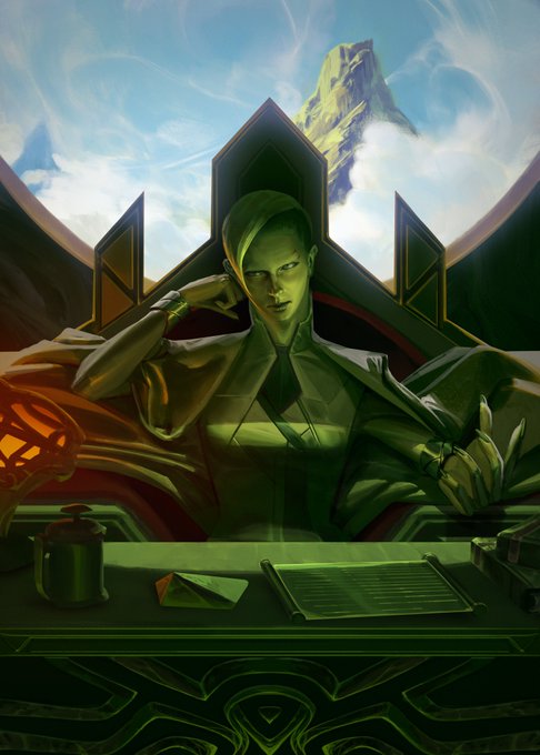 Stylized digital art of a green-skinned humanoid character with slicked-back hair sitting at a desk in a regal throne setting, wearing a green outfit with mountains and sky visible through a window behind them.