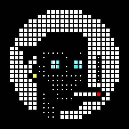 A retro-style pixel art icon of a white, blocky skull-like face with cyan eyes, a yellow pixel on the left cheek, and a red pixel on the right jaw against a black background.