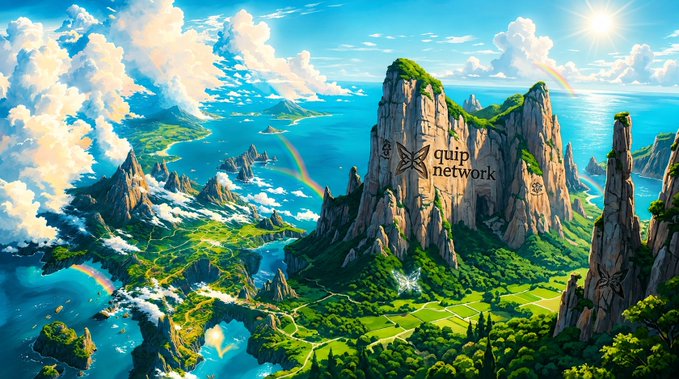 A fantasy landscape illustration featuring towering green-capped mountains, blue waters, rainbows, and a bright sun, with the 'quip network' logo on a cliff face.