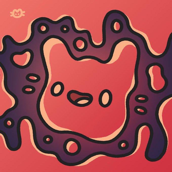 A digital illustration of a kawaii-style character with a purple amoeba-like body and a red core on a red background.
