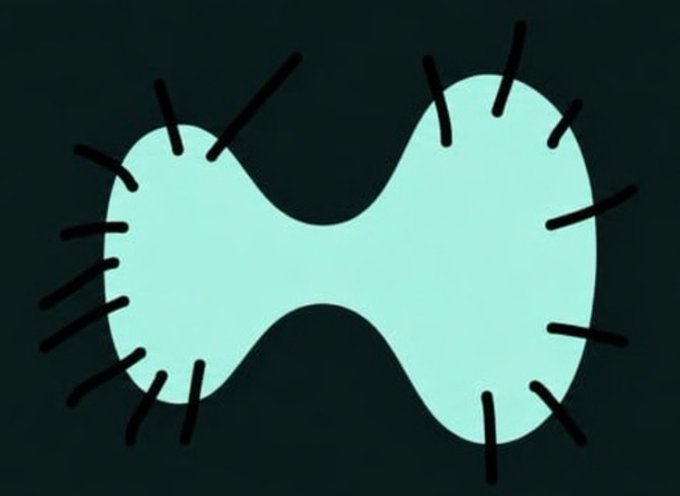 A simple digital illustration showing a light teal figure-eight or peanut-shaped form on a dark gray background, surrounded by short black stitch-like lines resembling eyelashes or whiskers.