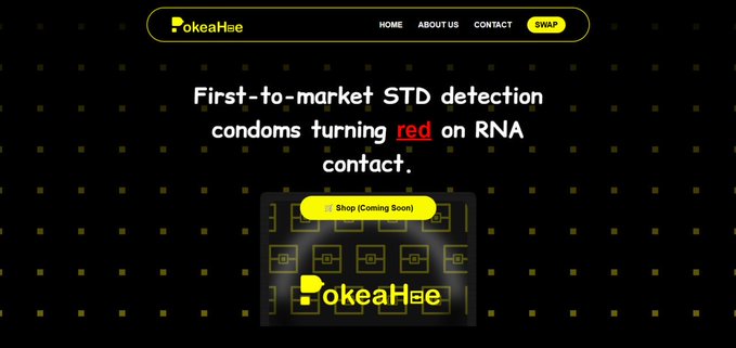 A website for 'okeaHee' advertises 'First-to-market STD detection condoms turning red on RNA contact' with a 'Shop (Coming Soon)' button displayed over a dark background.