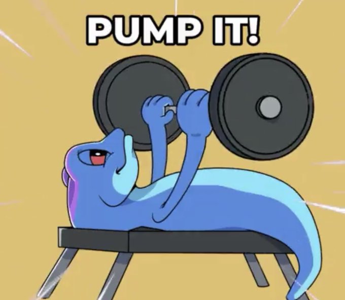 A cartoon illustration of a blue lizard-like creature lying on a bench press and lifting a barbell, with the text 'PUMP IT!' written above it.
