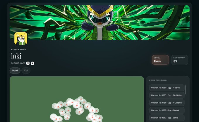A user profile on a digital platform displays "loki" as a keeper from a "Pond" collection, featuring a level badge of "Hero" with "83 KOI OWNED" and a list of Koi fish labels like "#281 - Egg - Kii Bekko," "#723 - Egg - Aka Bekko," and "#791 - Egg - Ai Goromo," illustrating one of the publicly accessible ponds mentioned in the post.