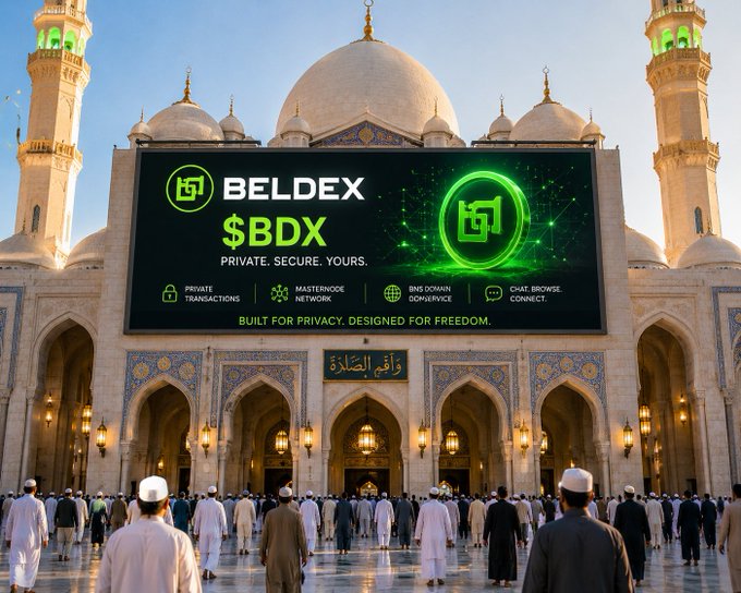 A large digital billboard displaying 'BELDEX $BDX - PRIVATE. SECURE. YOURS.' is mounted above a grand mosque, with worshippers gathered below in traditional attire.