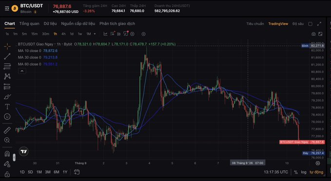 A TradingView candlestick chart of BTC/USDT shows a current price of 76,897.6, down -3.26%, with a brief bio and USD market cap figures visible at the top.
