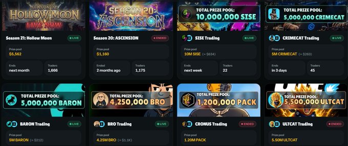 A grid of trading competition cards featuring events like "Season 21: Hollow Moon," "Season 20: ASCENSION," "SISE Trading," "CRIMECAT Trading," "BARON Trading," "BRO Trading," "CRONUS Trading," and "ULTCAT Trading," with prize pools ranging from 1.2M to 10M tokens.
