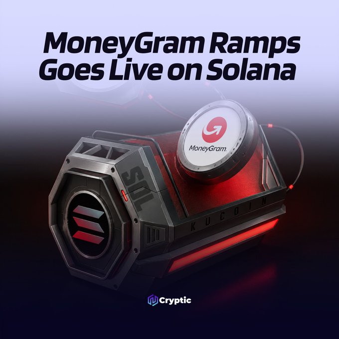 A futuristic metallic device displays the MoneyGram logo alongside the Solana emblem, with the headline "MoneyGram Ramps Goes Live on Solana" above and the "Cryptic" branding below, visually representing the new integration of MoneyGram's global cash-in and cash-out services into the Solana blockchain ecosystem.