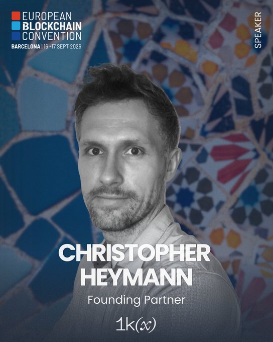 A speaker promotional poster for the European Blockchain Convention in Barcelona (16-17 Sept 2026), featuring Christopher Heymann, Founding Partner at 1k(x).