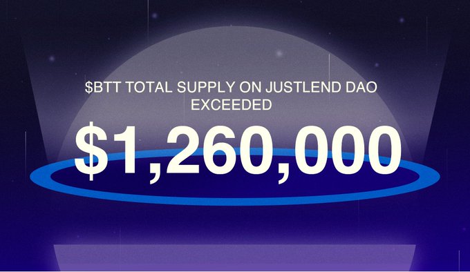 The image features a colorful graphic with white text that reads "Massive growth continues across the TRON DeFi ecosystem. $BTT Total Supply On #JustLendDAO has now surpassed $1.26M, another strong signal of growing participation and expanding on-chain activity More users are putting idle assets to work, contributing liquidity, and". The text is positioned directly below the white circle representing $1,$26,000. This graphic seems to be related to a post about a JustLendDAO project that has experienced massive growth in its total supply or capital.