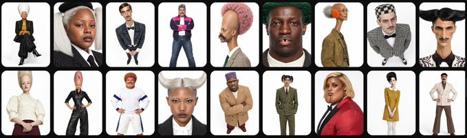 A grid of 16 AI-generated portraits showcasing diverse, stylized characters with exaggerated features and fashion-forward attire, illustrating the versatility and creative potential of AI-generated influencer content referenced in the post about the emerging AI influencer narrative.