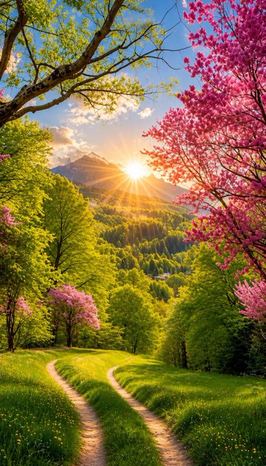 A vibrant, stylized landscape illustration featuring a winding dirt path through lush green meadows, framed by pink cherry blossom trees, with a bright sun setting behind distant mountains.