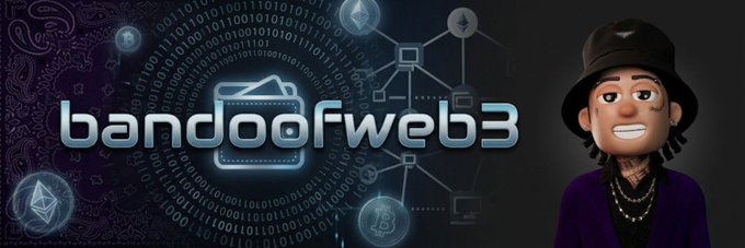 A banner featuring the text 'bandoofweb3' alongside a 3D animated character wearing a hat and chains, set against a backdrop of blockchain graphics and cryptocurrency logos.