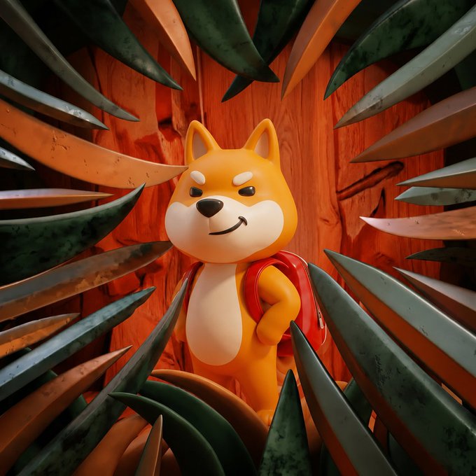 A cartoon Shiba Inu dog wearing a red backpack stands confidently among sharp agave-like leaves against a vibrant orange background. The image symbolizes BONK's readiness to spearhead the upcoming meme coin season, with the dog poised as a determined adventurer ready to "grab" gains.
