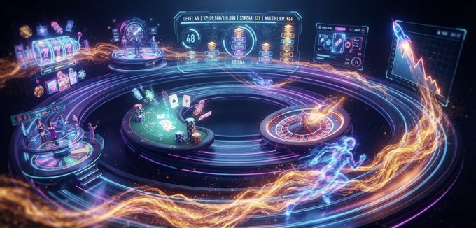 Vibrant, futuristic digital artwork depicting a neon-lit casino or gaming arena with slot machines, glowing platforms, and an electrified runner figure racing around the track.