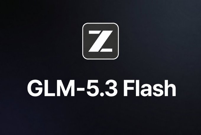 The image displays a logo featuring a stylized "Z" within a rounded square, positioned above the text "GLM-5.3 Flash" in white against a dark background. This branding directly supports the post's claim identifying OxAlpha as GLM-5.3-Flash with vision support, matching the model name shown.