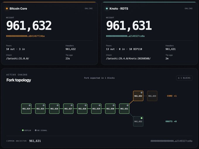 A dashboard showing Bitcoin Core and Knots-RDTS blockchain data, with Bitcoin Core at height 961,632 and a 'Fork topology' visualization showing a fork expected in 1 blocks.