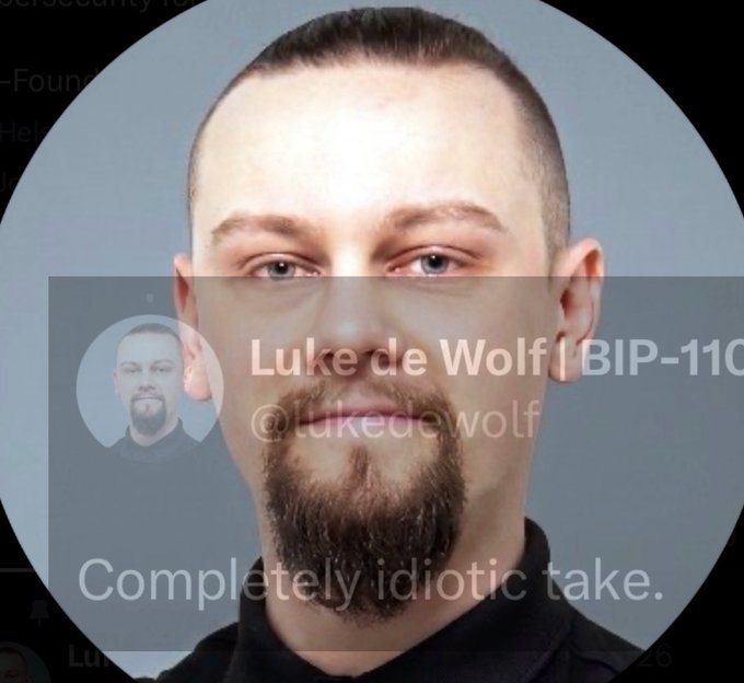 A screenshot of a social media post from Luke de Wolf (@lukedewolf) featuring his profile picture and the caption 'Completely idiotic take.'