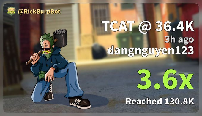 A RickBurpBot graphic showing an animated character carrying a mallet, noting that user dangnguyen123 contributed 'TCAT @ 36.4K' and 'Reached 130.8K' with a '3.6x' multiplier.