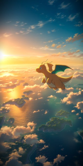 An illustration of a Charizard (Pokémon) flying above the clouds over an ocean at sunset.