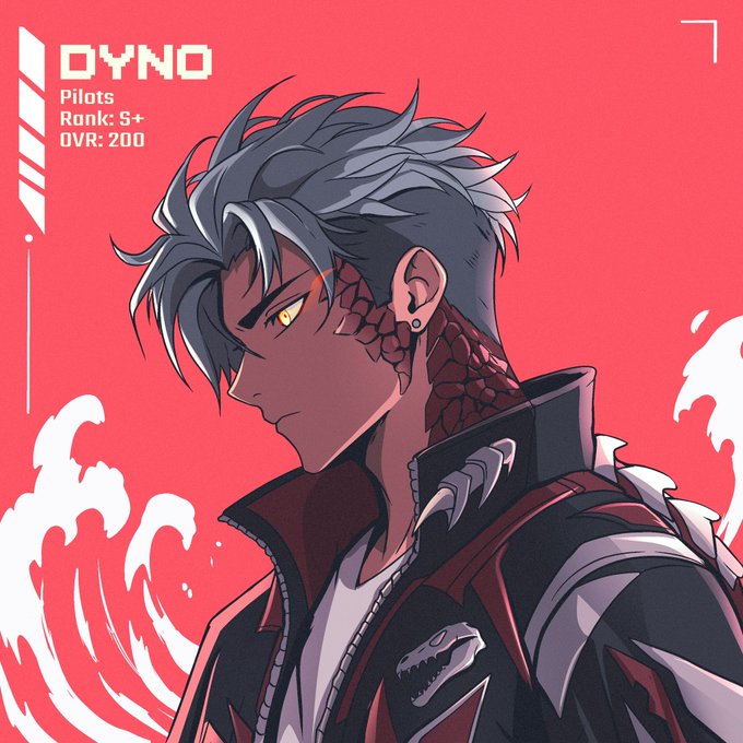 Anime character profile card with a red background, labeled 'DYNO' with stats 'Pilots, Rank: S+, OVR: 200', depicting a grey-haired youth with yellow eyes and red crystalline scales on his neck.