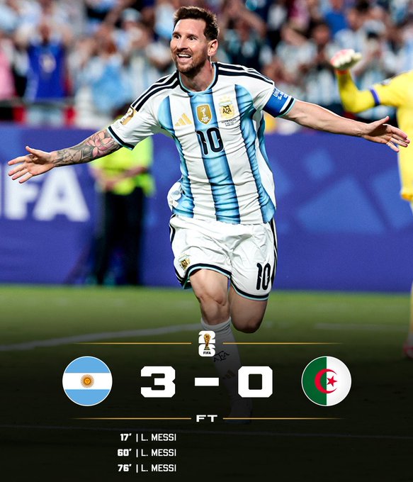 The image features a soccer player celebrating his win with a high five, surrounded by fans. The player's jersey number is 10, indicating he has achieved something significant in the World Cup. The post highlights that Argentina won their opening game against Lionel Messi, who is known for his hat-trick and scoring record during the World Cup. This achievement marks a milestone in Messi's career as he becomes the joint TOP SCORER ever in the World Cup with 16 goals.