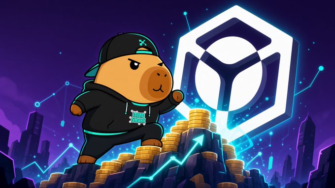 A cartoon bear mascot wearing a black hoodie and cap stands triumphantly atop a pile of gold coins, with a glowing white hexagonal Nucleus logo and an upward-trending teal chart behind it against a purple cityscape skyline. The image visually reinforces the post's message about Nucleus rewarding genuine on-chain activity over bot-driven farming, symbolizing real builders rising above the noise to earn recognition.