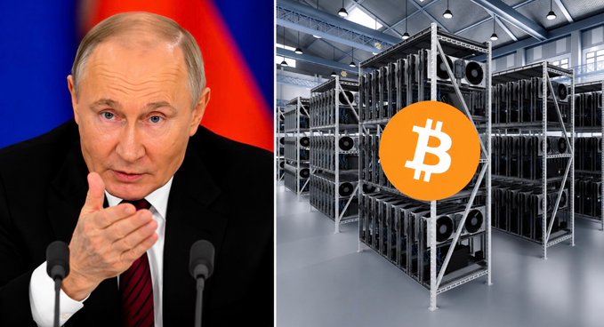 Vladimir Putin's image is juxtaposed with a Bitcoin mining farm, visually representing Russia's ban on crypto mining starting August 15, 2026, due to power grid concerns.