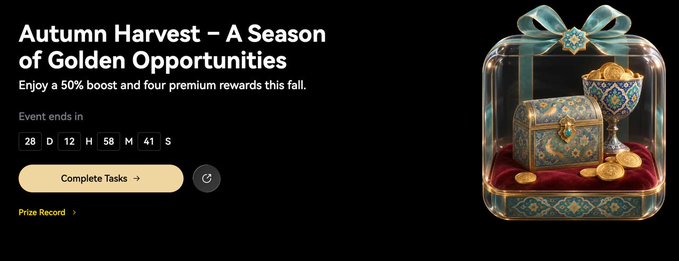 A promotional banner for LBank's "Autumn Harvest – A Season of Golden Opportunities" event featuring a 50% boost and four premium rewards, with 28 days, 12 hours, 58 minutes, and 41 seconds remaining, and a "Complete Tasks" button beside an ornate glass display showcasing a treasure chest and golden chalice filled with coins.