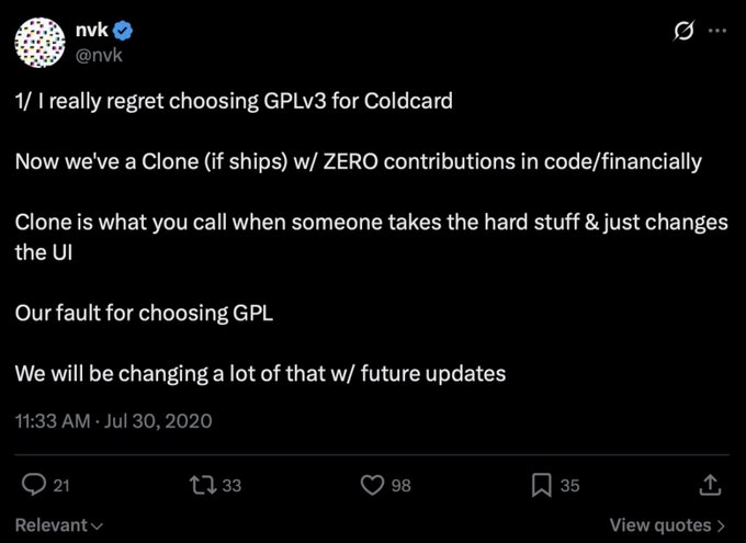 A screenshot of a tweet from @nvk dated July 30, 2020 expressing regret over choosing GPLv3 for Coldcard, noting that a competitor has "ZERO contributions in code/financially" and that they will be changing licensing with future updates. The post contextualizes this as evidence supporting criticism that "bitcoin-only" founders like those behind Coldcard were elevated without merit.