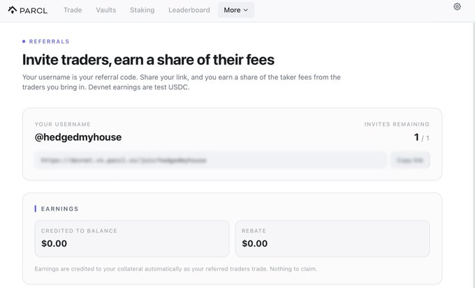 The image shows Parcl's referrals page where user @hedgemyhouse has 1 invite remaining (out of 1) to bring traders onto the platform, with $0.00 in earnings so far. This relates to the post by illustrating the limited, invite-only nature of Parcl V4's mainnet launch, where each user gets just one "plus-one" invite to bring new traders onto the platform.