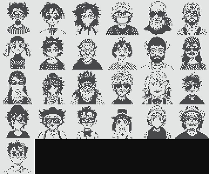 A grid of pixel art character portraits in black and white, showing various hairstyles and faces in a retro video game style.