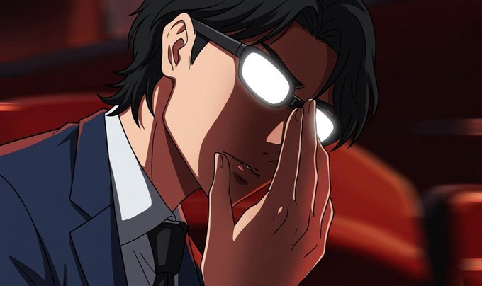 The image features a man wearing glasses, dressed in a suit with his hand resting on his face. He appears to be looking down at something or someone, possibly a character from an anime series. The background of the image shows a car, which could be related to the post "good morning frens stack $RIVER and go about your day". This suggests that the man might be taking a break from work or daily activities to enjoy some content on his phone or computer while wearing glasses.