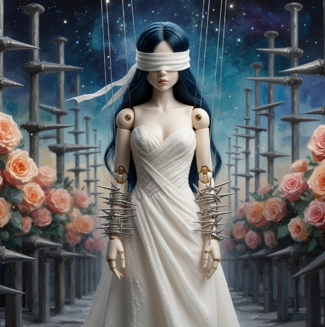 Digital artwork of a blindfolded woman in a white dress with puppet strings attached to her joints, standing among tall spikes and roses against a starry night sky.