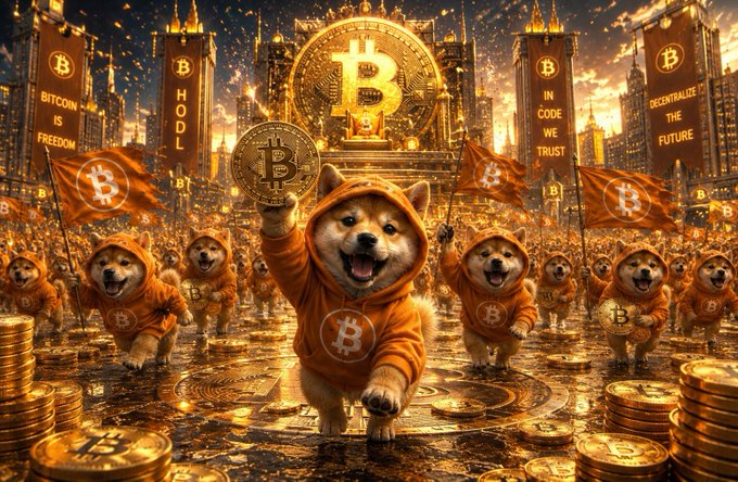 The image features a group of dogs dressed up as Bitcoin holders, walking down a street with their arms raised high. The dogs are wearing hoodies that say "Bitcoin" on them. In the background, there's a large golden coin representing Bitcoin, which is surrounded by buildings and flags. The caption reads "Bitcoin’s ecosystem is growing. So is $DOG ’s visibility." This suggests that the image might be promoting or highlighting the popularity of Bitcoin in comparison to other forms of currency, such as dogs wearing hoodies with Bitcoin text.