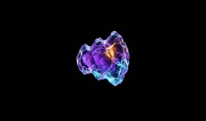 A glowing, crystalline object with purple, blue, and orange hues floats against a black background.