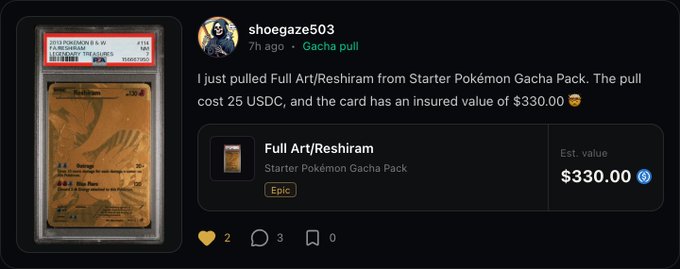 A social media post by user 'shoegaze503' showing a gold-colored Pokémon card labeled 'Full Art/Reshiram' from a PSA graded slab, with an estimated value of $330.00.