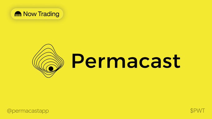 A bright yellow banner displays the Permacast brand—featuring a black concentric ring logo alongside the name "Permacast"—with a "Now Trading" badge in the upper left, "@permacastapp" and "$PWT" at the bottom, announcing that the onchain publishing platform's token has gone live on Kraken Pro.