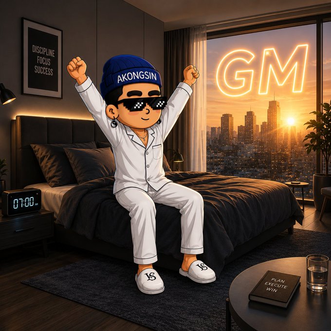 A cartoon character wearing pajamas, a beanie labeled 'AKONGSIN', and pixel sunglasses sits on a bed with arms raised in celebration, surrounded by motivational elements including a 'DISCIPLINE FOCUS SUCCESS' wall sign, a glowing 'GM' neon sign, and a 'PLAN EXECUTE WIN' book.