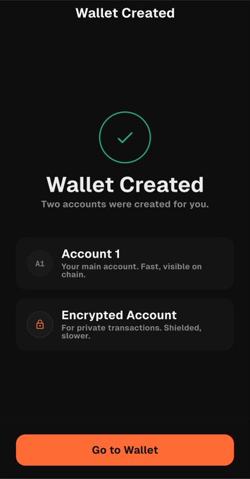 A mobile screen displays a "Wallet Created" confirmation screen for QuantusNetwork, showing two accounts—an "Account 1" for main on-chain transactions and an "Encrypted Account" for shielded private transactions—with a "Go to Wallet" button below.
