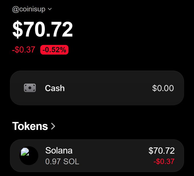 A screenshot of a crypto wallet showing a balance of $70.72 (-$0.37, -0.52%) for account @coinisup, holding 0.97 Solana (SOL).