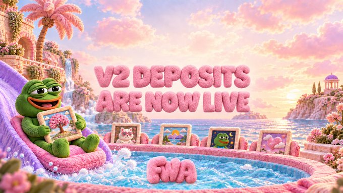 A green frog mascot lounges on a pink slide beside a vibrant pool scene, holding framed artwork, with the text "V2 DEPOSITS ARE NOW LIVE" displayed prominently alongside "FWA" floating in the water — promoting the launch of FWA V2 deposits, which will run alongside V1.
