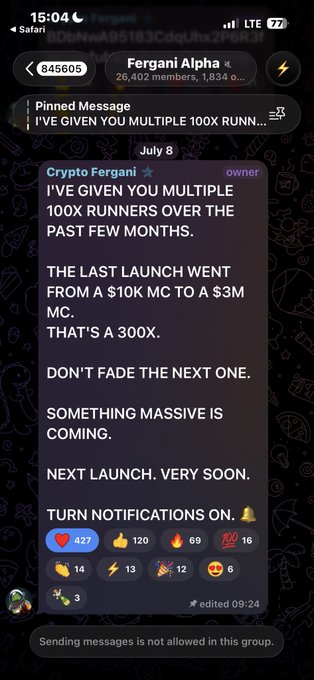 A Telegram group chat screenshot from 'Fergani Alpha' (845,605 members) showing a pinned message from user Crypto Fergani claiming multiple 100x runners, mentioning a recent launch going from $10K to $3M market cap, and teasing a massive upcoming launch.